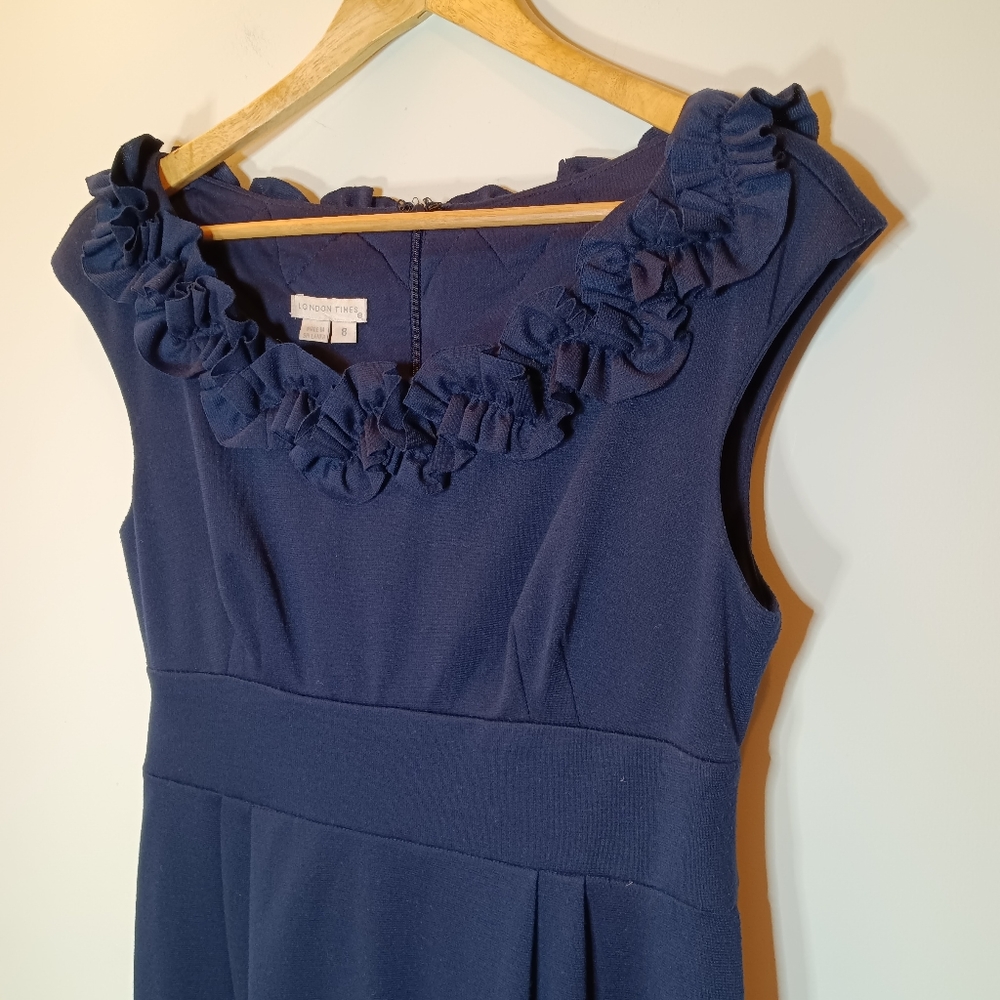London Times Scoop Neck Navy Ponte Knit Dress with Ruffle Detail Size 6